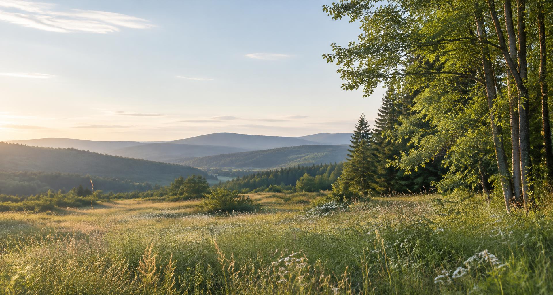 Sunlight over a peaceful meadow at the edge of a green forest
