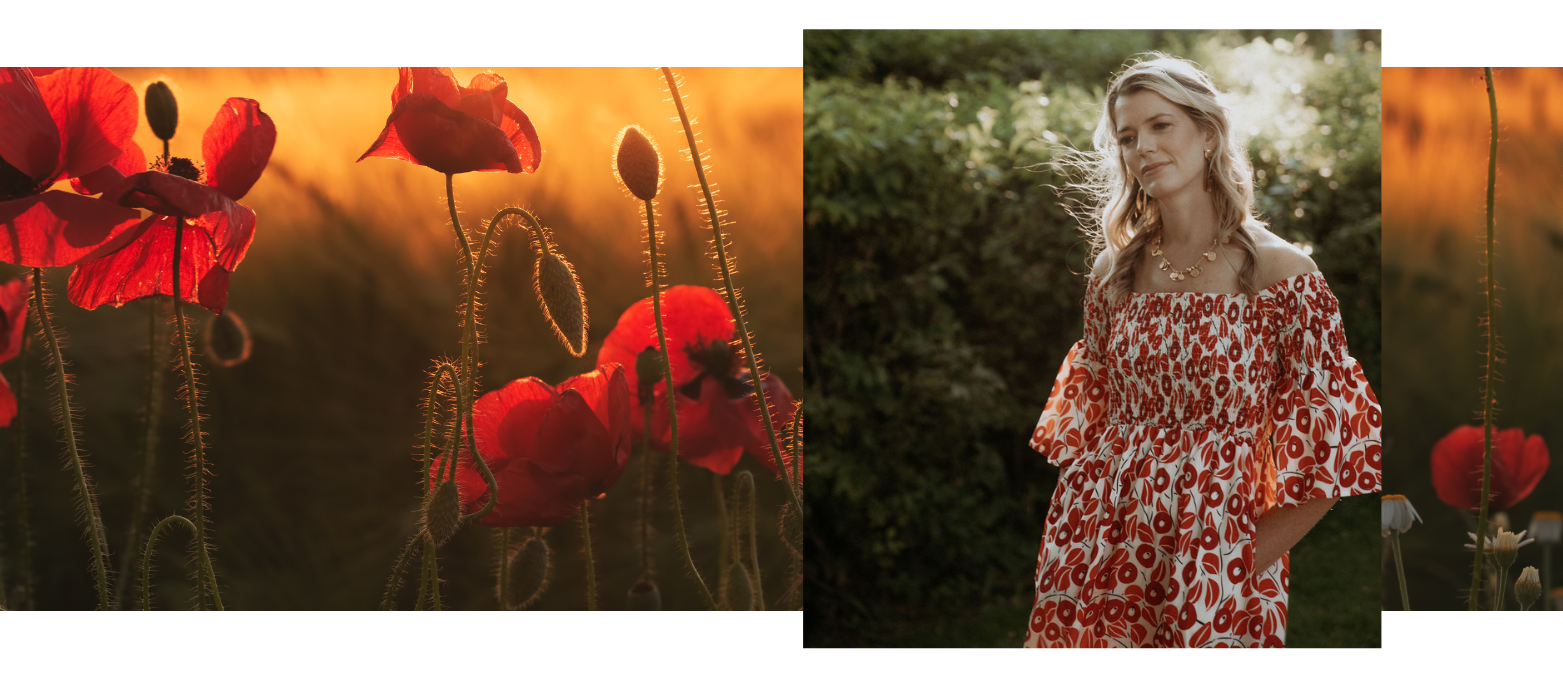 Sommer Seitz in a sunlit field of red poppies
