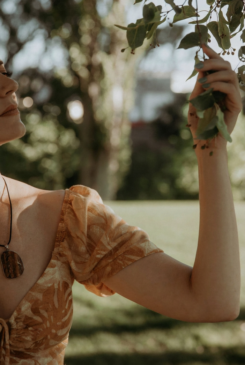 Sommer Seitz reaching up to touch tree leaves